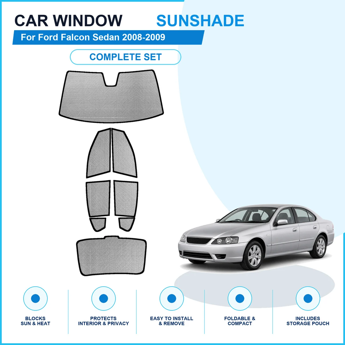 For Ford Falcon Sedan 2008-2009 Custom Full Set Window Sunshades Aluminum Foil Suction Cup Anti UV Privacy