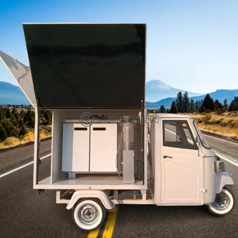 COGSUN Custom Tricycle Food Cart Snack Vending Cart Coffee Truck With Full Kitchen Hot Dog Stand Ape Food Truck
