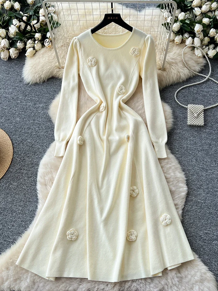 Robe longue tricotée à fleurs 3D pour femme, col rond, manches longues, taille élastique, ligne A, basique d'hiver, couleur unie, chaude, robe de soirée, 2025