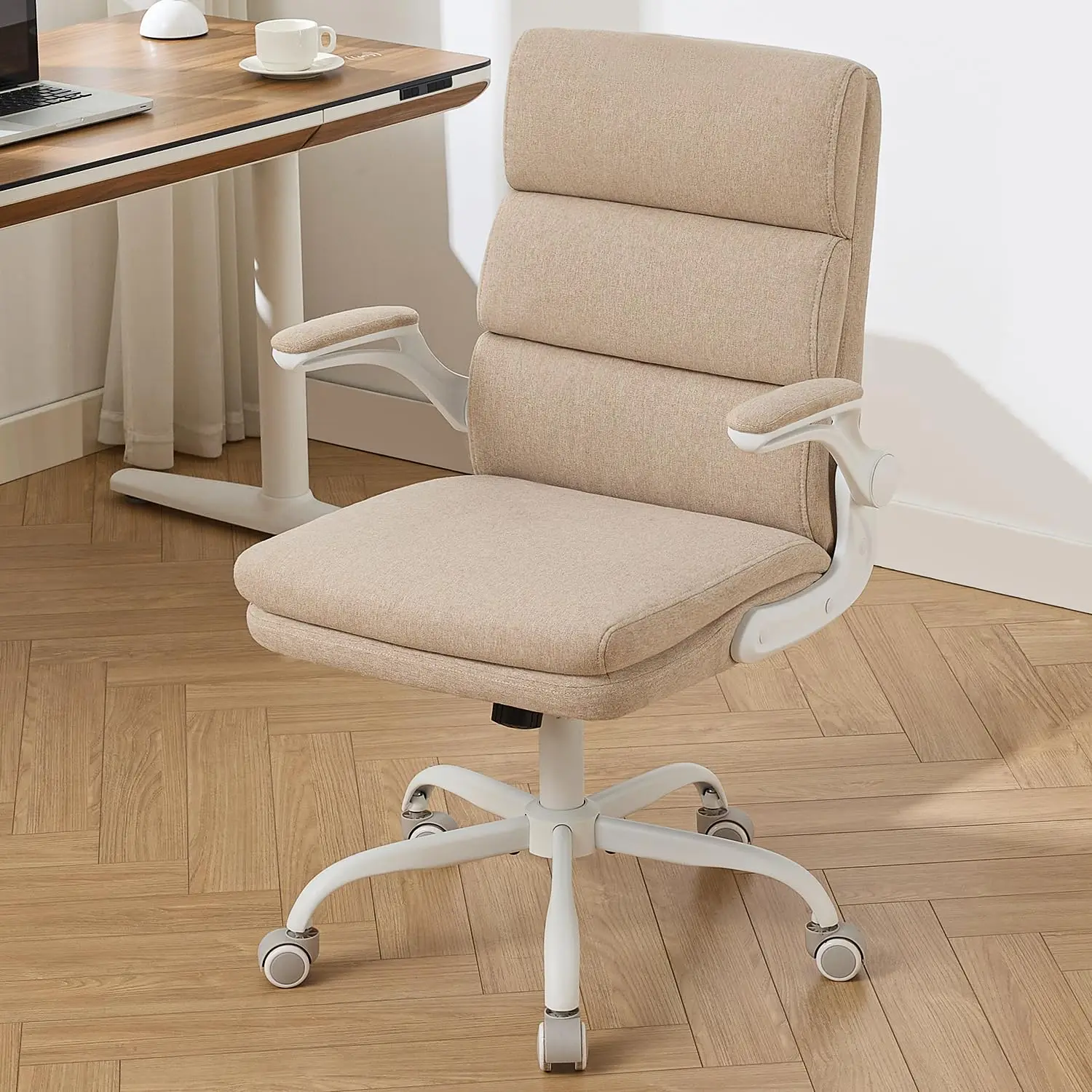 Small Desk Chair Flip-Up Arms Home Mid Backrest Dual Cushion PU 90° Lock 115° Tilt Rocking 300lbs, Customized