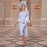 Vestido de Madre de novia para bodas, vestidos de invitados de boda con cuello en V y hombros descubiertos, vaina Midi, mangas 3/4, vestidos de fiesta con cuentas