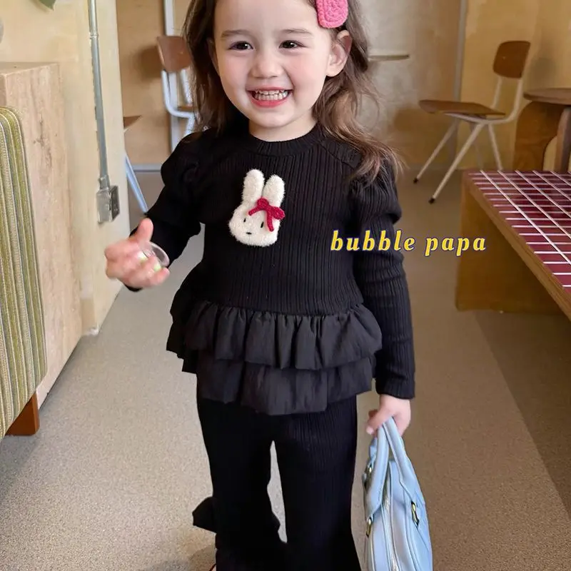 Girls’ 2pcs Outfit Set – Soft Cotton Bunny Print T-Shirt with Ruffled Hem & Stretchy Flare Pants, Comfortable Everyday Playwear