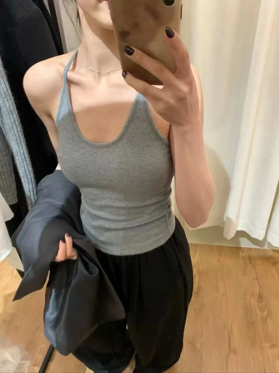 Spring Summer New Arrival Thin U-Neck Strap Vest Built-In Chest Pad Gathered Side Breast Reduction Girl  Breathable
