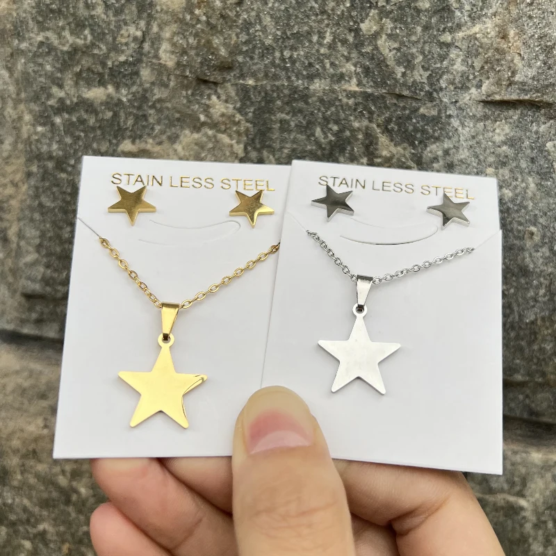 Fashion Stainless Steel Five-pointed Star Pendant Necklace for Women Love Heart Jewelry Set Girls Birthday Earring Accessories