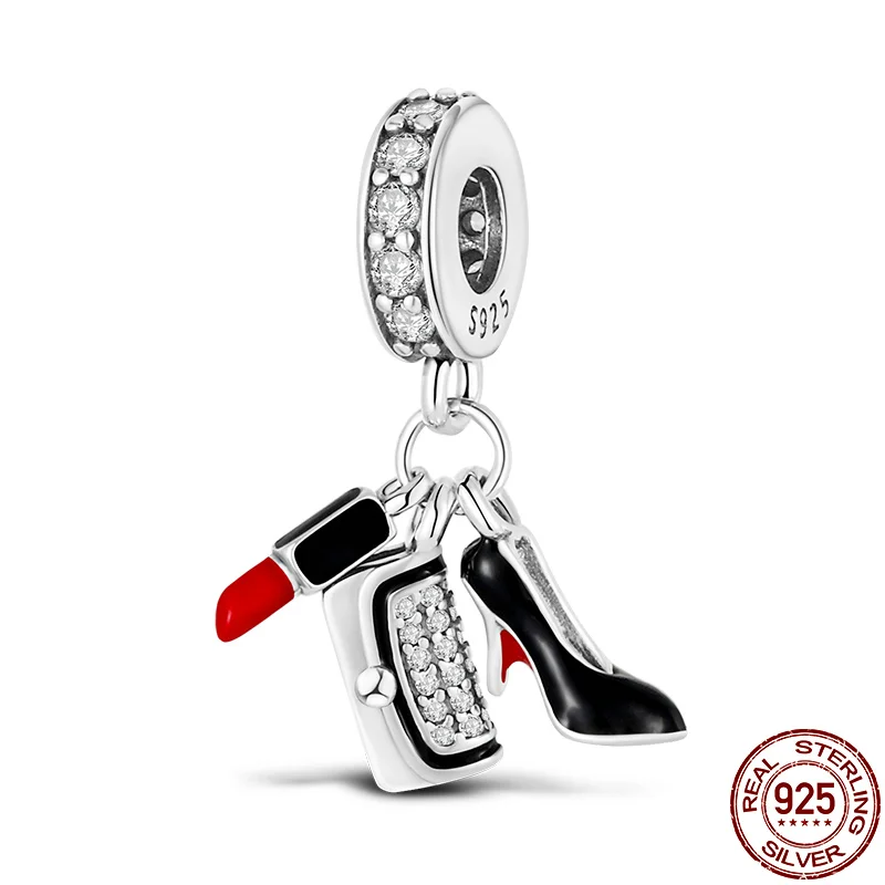 925 Sterling Silver Red Lipstick High Heels Perfume Handbag Pendant Love Beads Fit Original Pandora Charms Bracelet Fine Jewelry