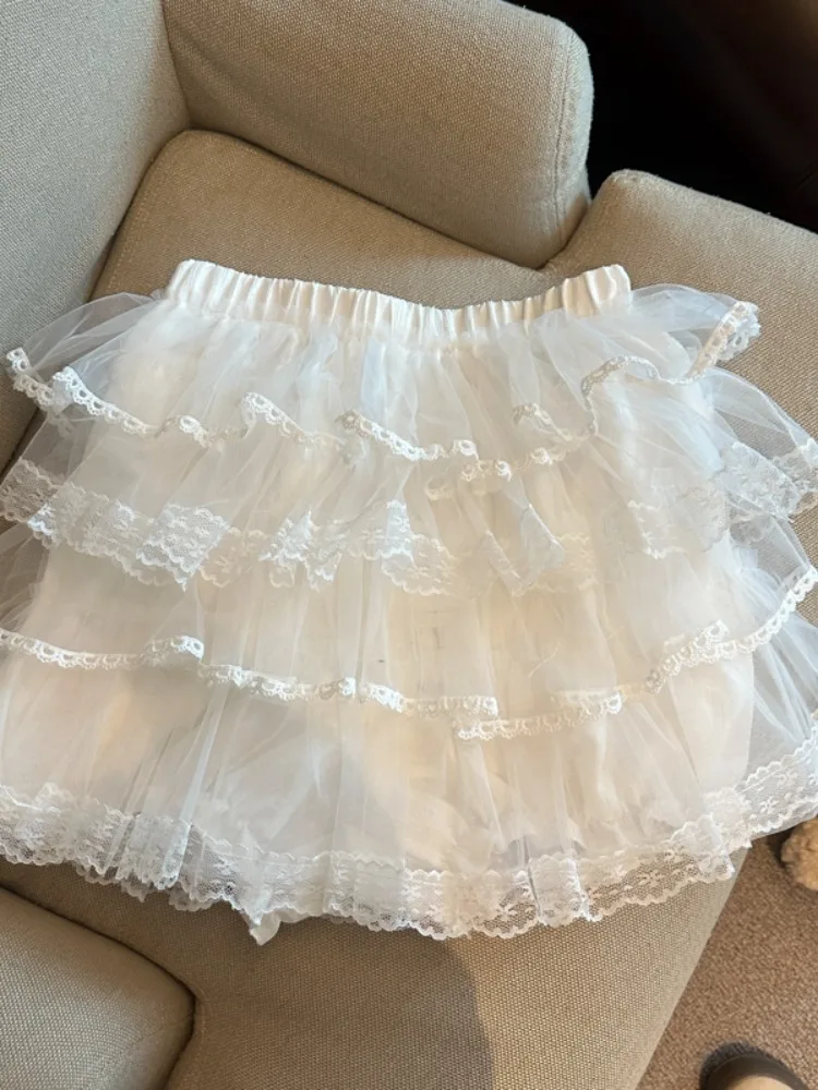 Princess Style Mesh Skirt Short Puffy Skirts Women's Summer New Lace Trim Anti-Light Skirt Pants High Waist Cake Skirt