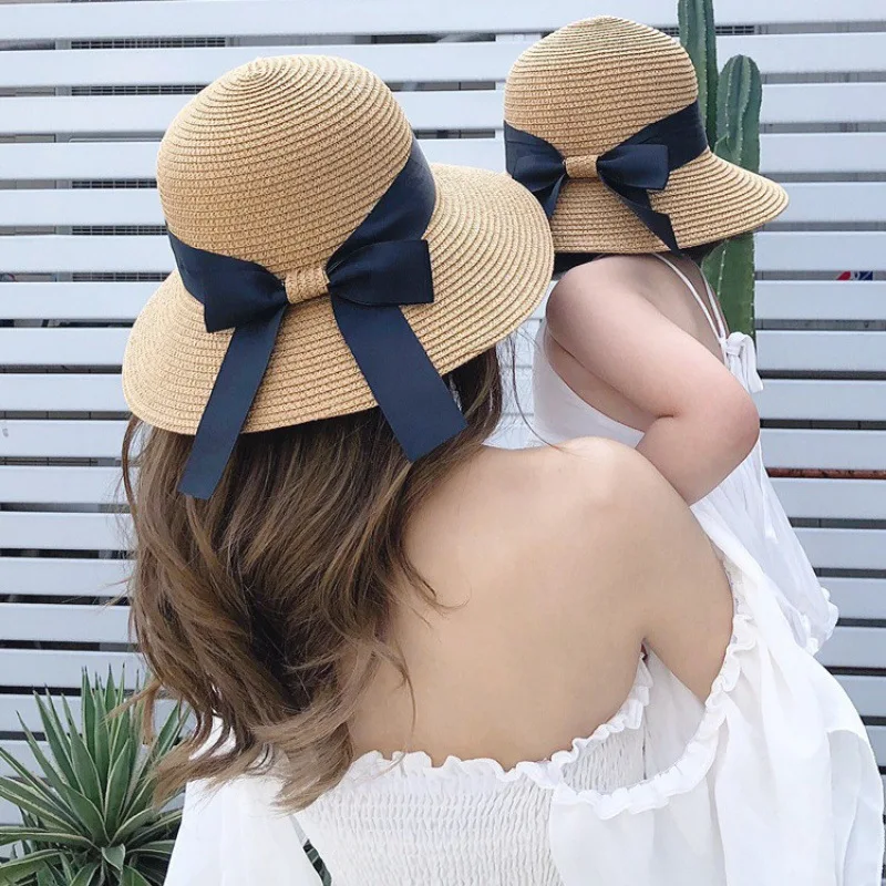 Parent-Child Straw Cap New Summer Women Flower Wreath Bowknot Bucket Hat Girls Outdoor Beach Travel Sunshade Sun Caps