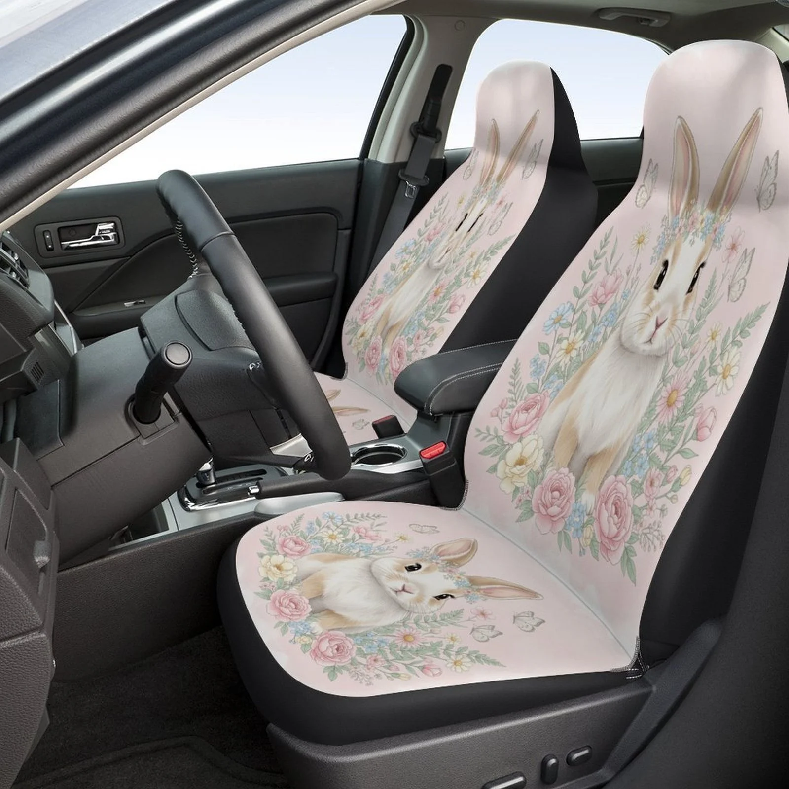 Floral Bunny Portrait Designed Car Seat Covers Set For Most Cars, Trendy Breathable Decorative Car Seat Protector Covers Full Se