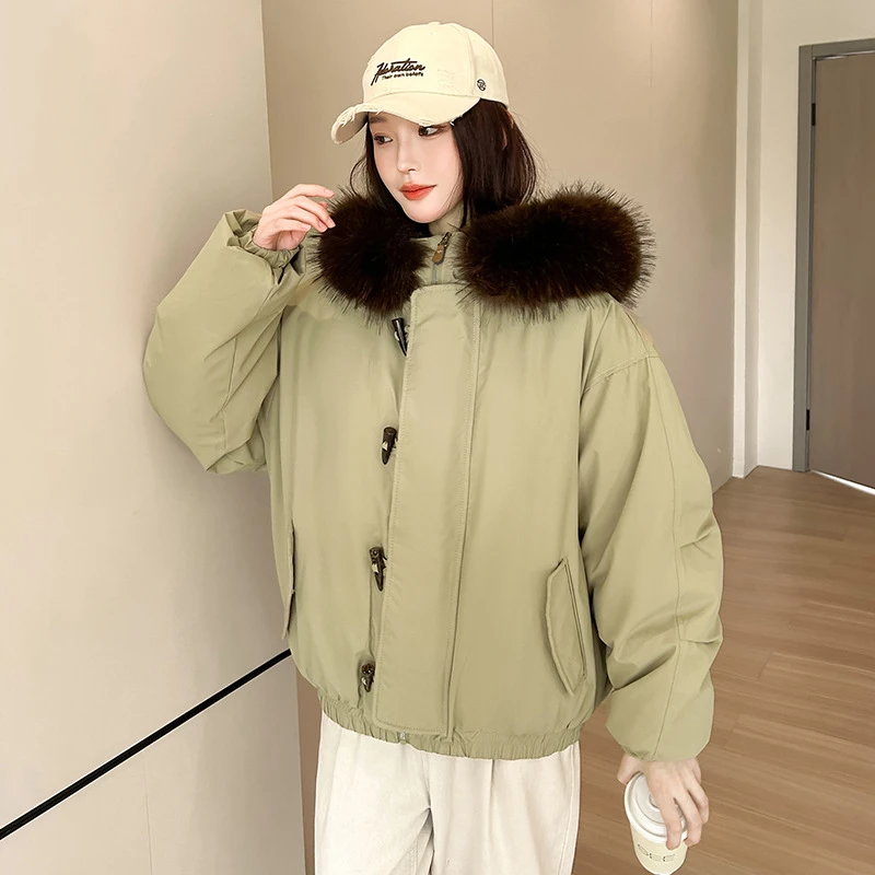 2025 inverno novo grande gola de pele algodão acolchoado jaquetas chifre botão manga longa com capuz feminino parkas viajando moda para baixo casacos