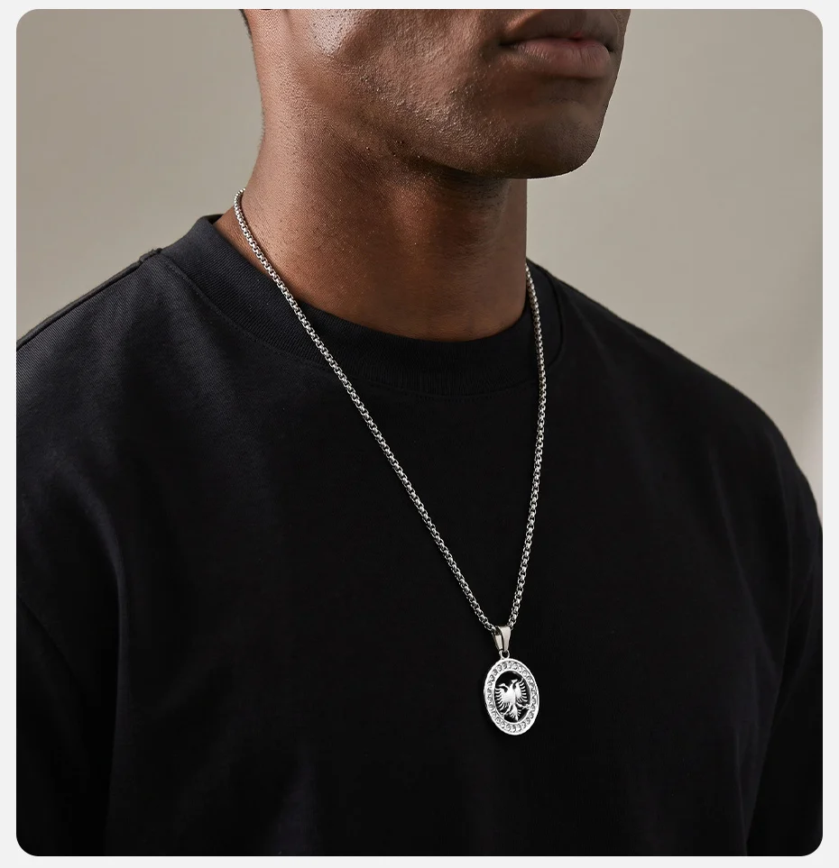 Vnox Herren Runde Doppelköpfiger Adler Anhänger Halskette, Gold Silber Farbe Edelstahl mit CZ-Besatz, Kastenkette, Ethnischer Schmuck Geschenk – Detail 3
