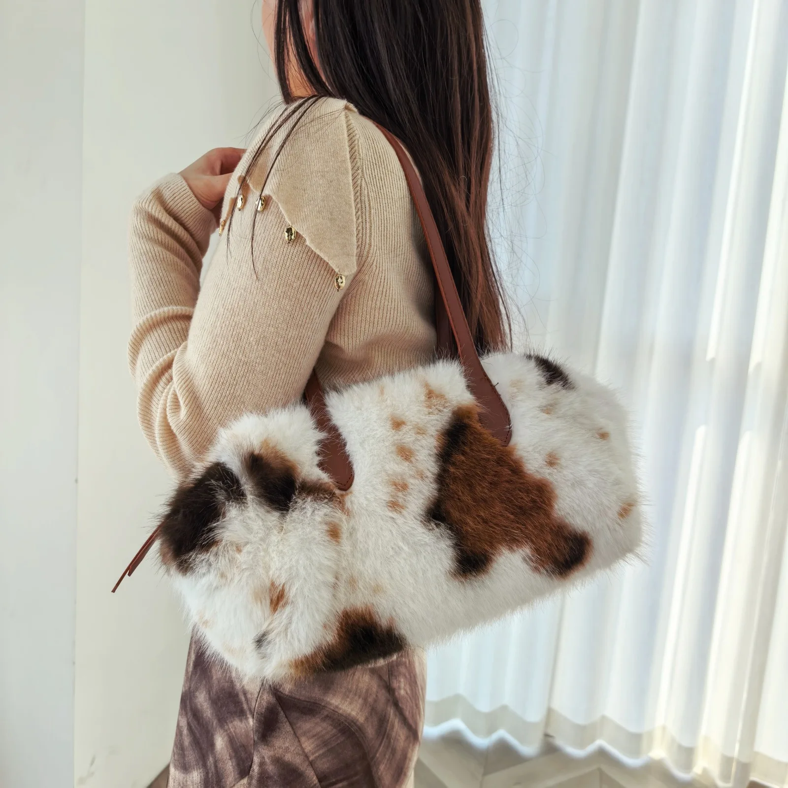 Fuzz Deer Pattern Shoulder Bag Cow Printed Faux Fur Bags for Women Handbags Fluffy Plush Armpit Bags NEW Designer Bag Tote Chic