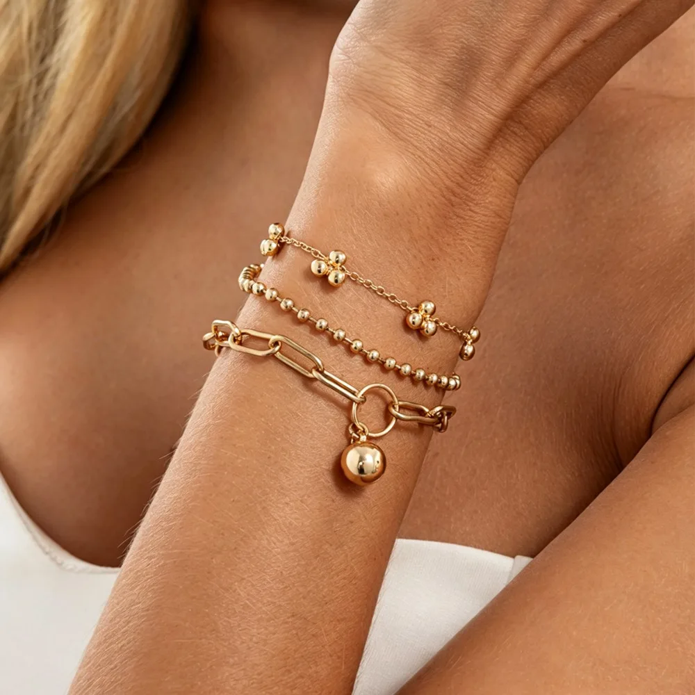 3Pcs Set Hip Hop Simple CCB Ball Drop Charm Multi‑Layer Bracelet Fashion Thin Metal Bead Chain Stackable Wrist Jewelry for Women