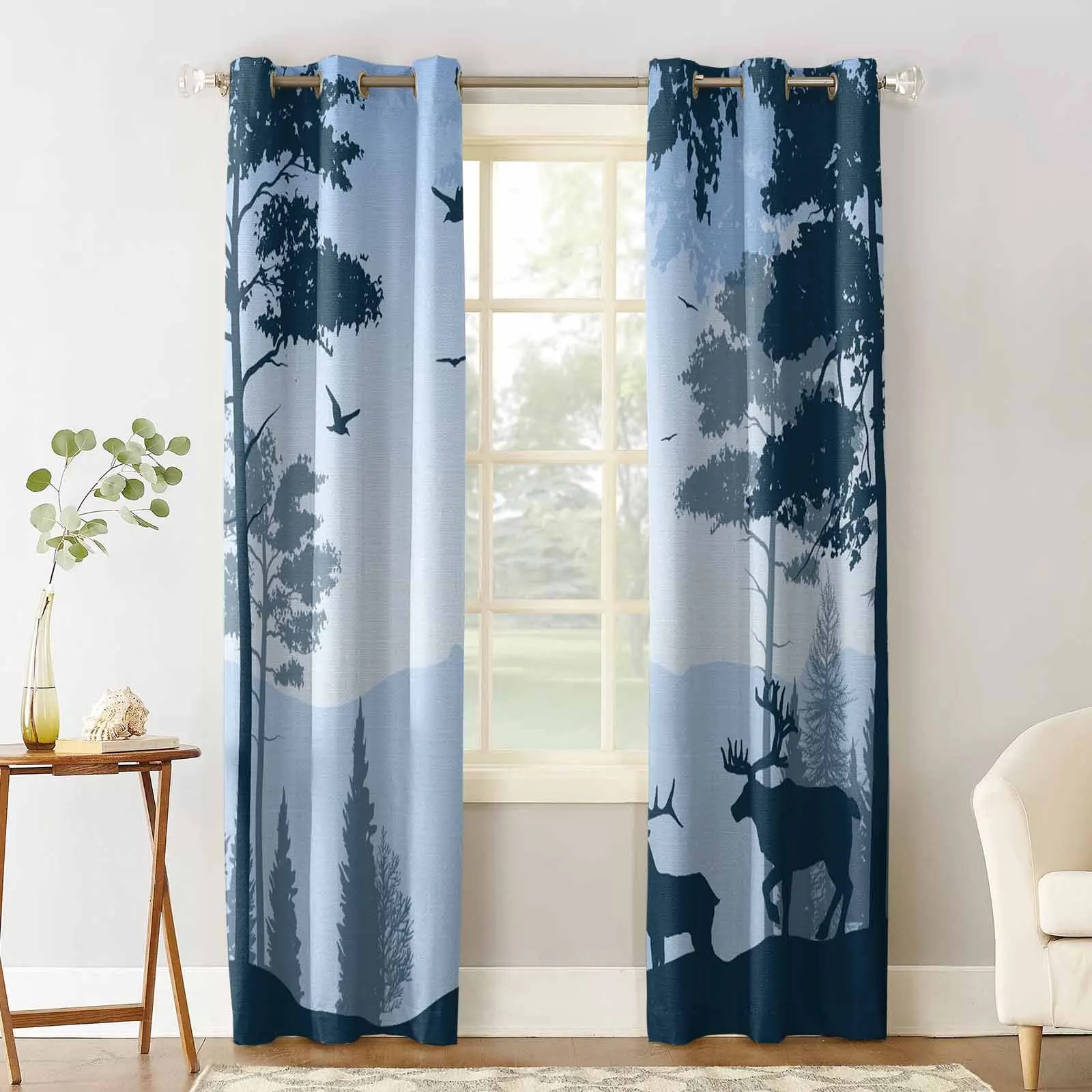 Forest Deer Blue Curtains For Windows Drapes Modern Printing Curtain For Living Room Bedroom