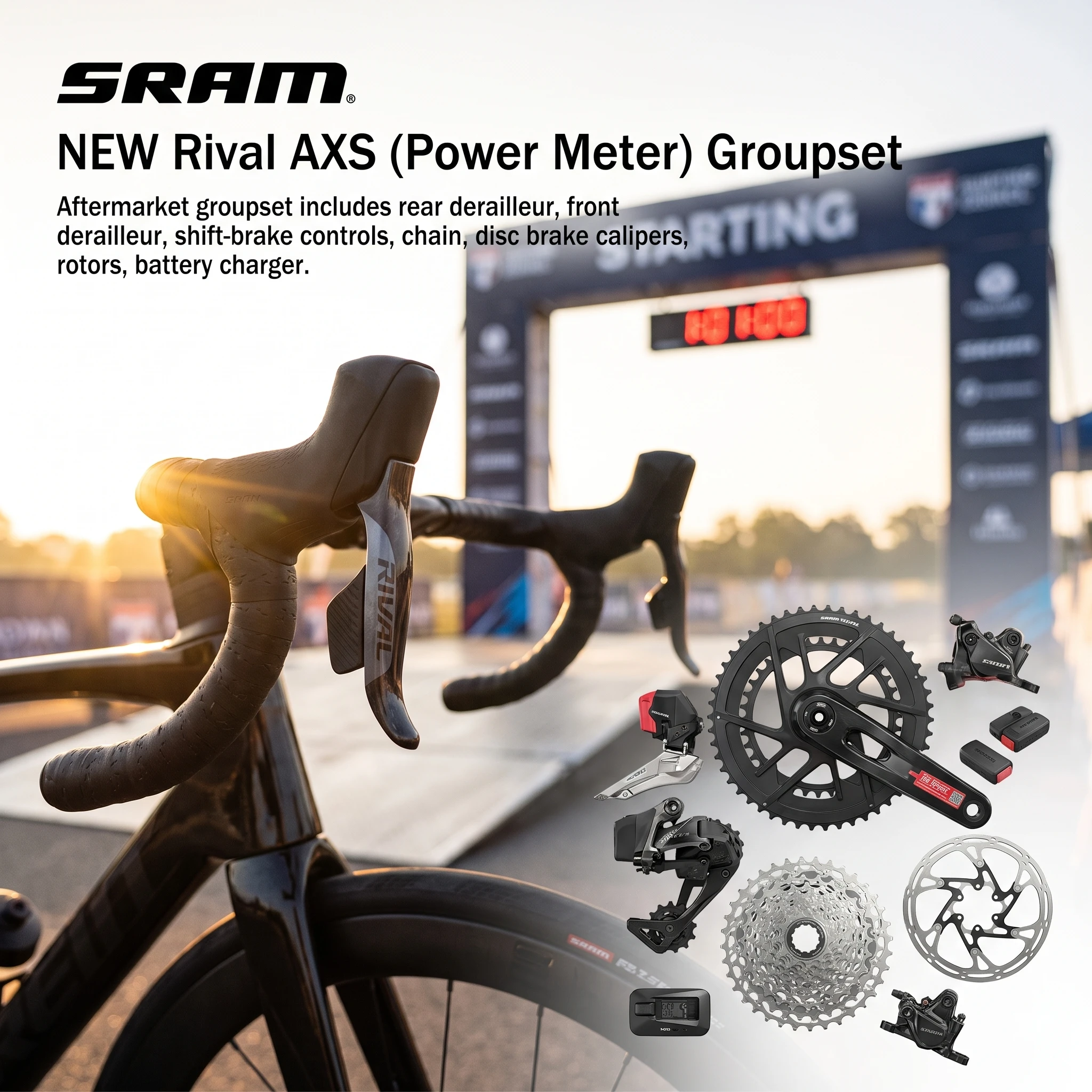 SRAM Rival E1 AXS 2x12-скоростной шоссейный групсет |   Беспроводное электронное переключение передач |   Дисковые тормоза HRD |   46/33T или 48/35T |   10-30Т/10-36Т