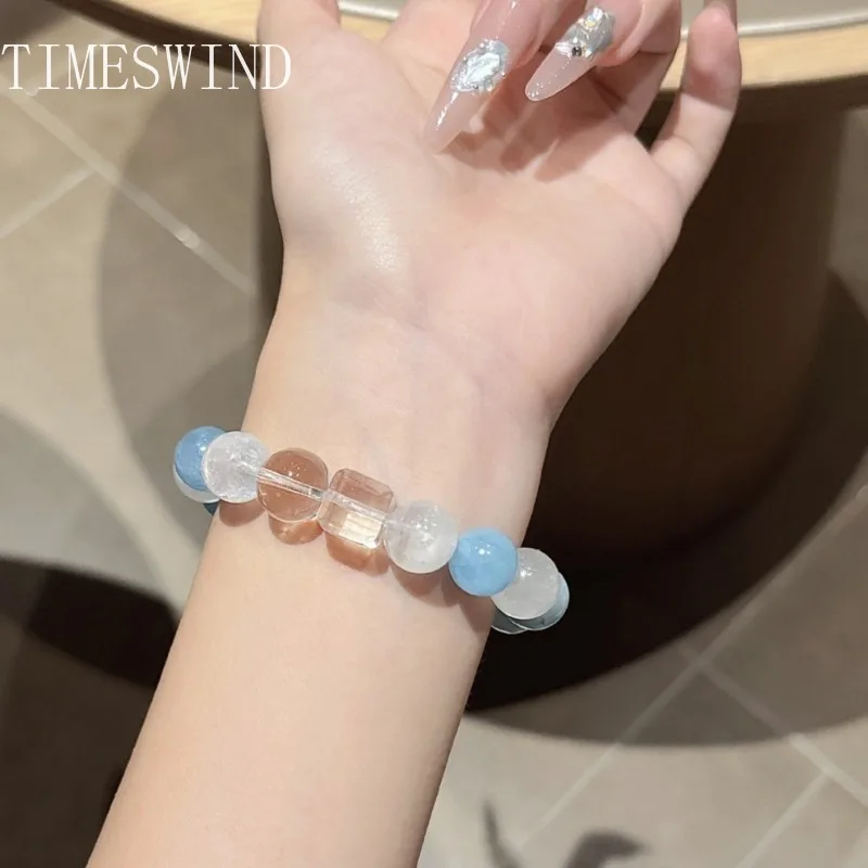 

TIMESWIND Authentic Crystal Blue White Block Round Beaded Aquamarine Women Fine Jewelry Bracelet with Certificate