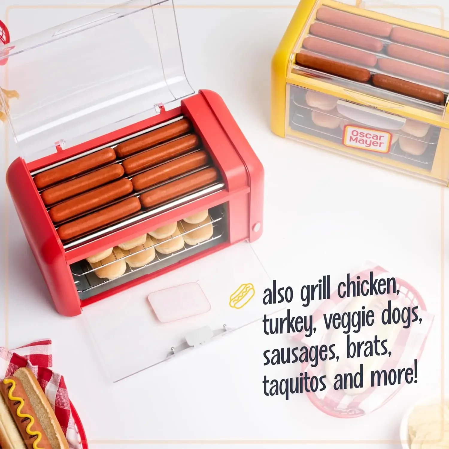 Oscar Mayer Extra Large Countertop 8 Hot Dog Roller and Bun Toaster Oven - Stainless Steel Rollers and Non-stick Warmi