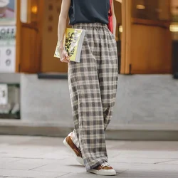 Pantaloni Casual scozzesi Vintage Maden per donna pantaloni larghi dritti elastici a vita alta pantaloni larghi estivi moda coreana
