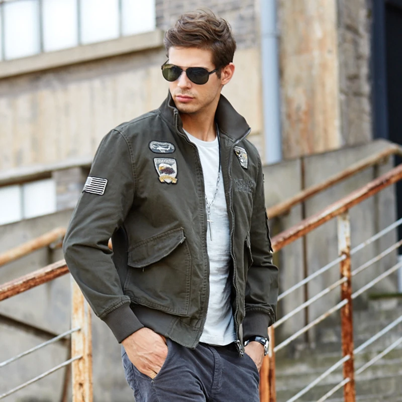 

Men's Casual Versatile Fashion Logo Large Pockets Solid Color Simple Coat Outdoor Sports Trendy Windproof Aviator Jacket