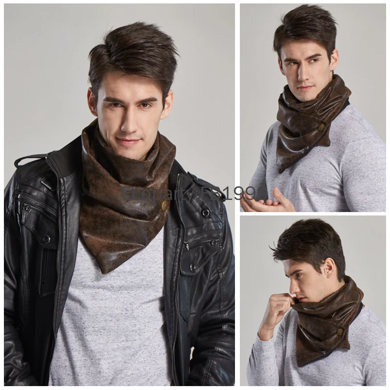 New Retro Warm Men Scarf Winter Infinity Bandana Designer Pu Leather Tube Shemagh With Buttons Shawls Medieval Pirate Costumes