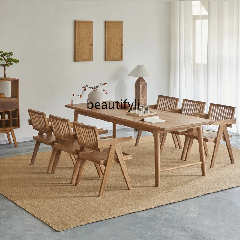Old Elm Wood Dining Table and Chairs Solid Wood Furniture Hotel Homestay Restaurant 2.4m Long Gathering Dining Table