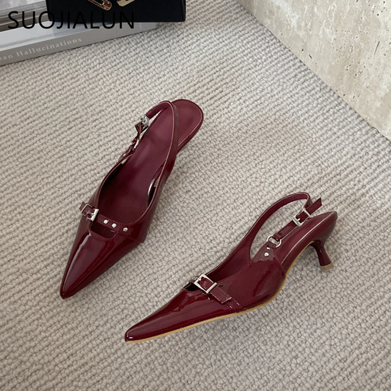 SUOJIALUN 2024 New Brand Women Sandal Fashion Red Pointed Toe Shallow Slip On Slingback Sandal Thin Low Heel Dress Pumps Shoes