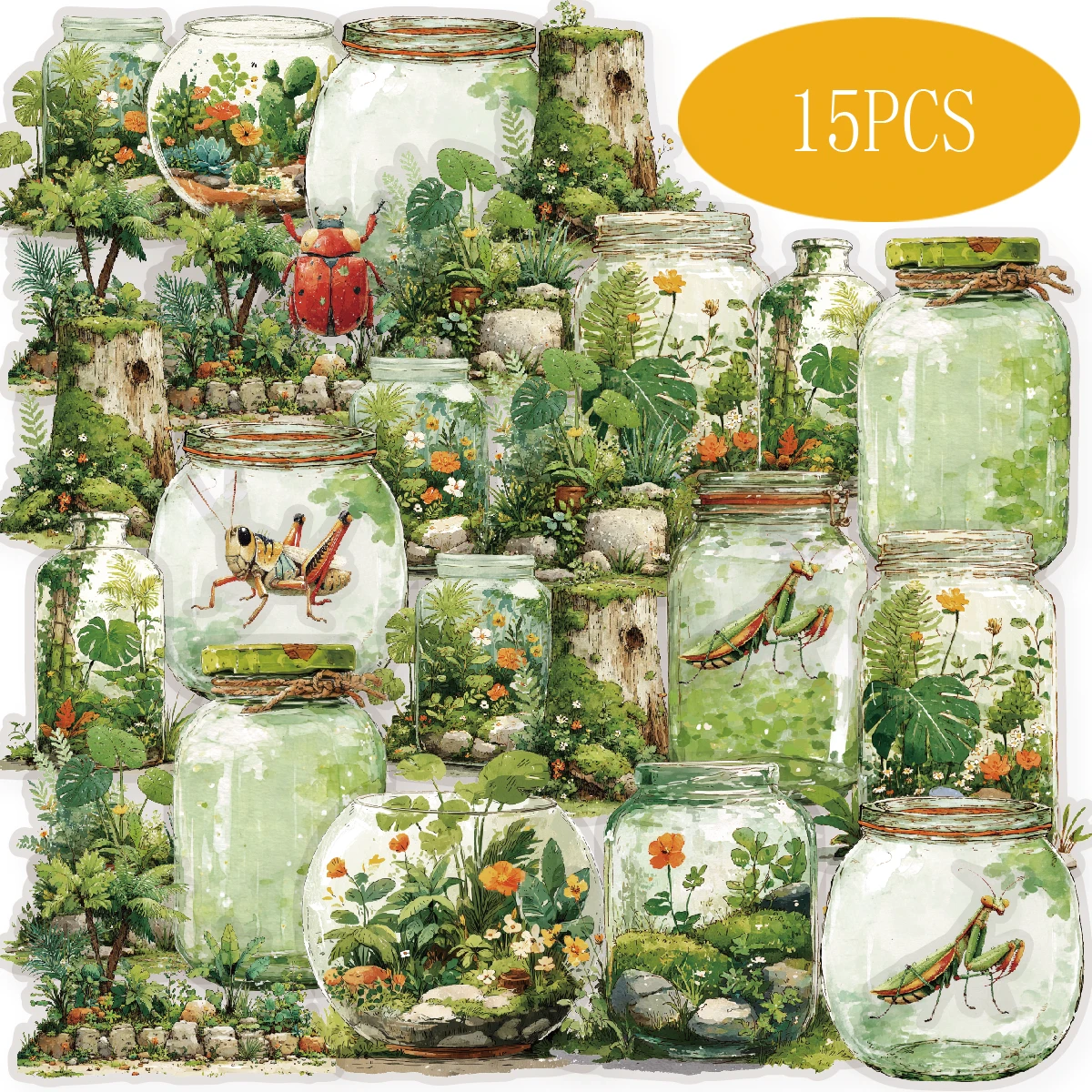 Etori Life Vintage grüne Pflanzen in moosigen Büschen mit Insektenmuster-Aufklebern für Scrapbooking-Zubehör, Outdoor-Enthusiasten, Fotoalben, Raumdekoration, Studentenbriefpapier, DIY-Bastelarbeiten,