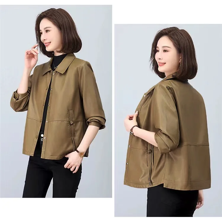 Primavera nueva moda mujer Color sólido cuello vuelto manga larga Casual moda Simple básico abrigos de piel sintética chaqueta femenina