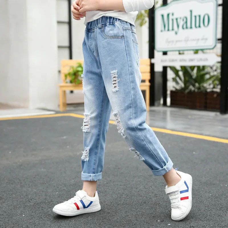 Children Jeans for Girls Autumn Elastic Waist Ripped Pants Baby Jeans for Kids Spring Casual Girls Denim Trousers