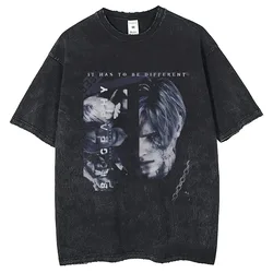 Friend Game Leon S Kennedy Portrait Printed Short Sleeve Shirt 2024 Harajuku Summer Vintage Wash 250G Cotton Men's Loose Round N