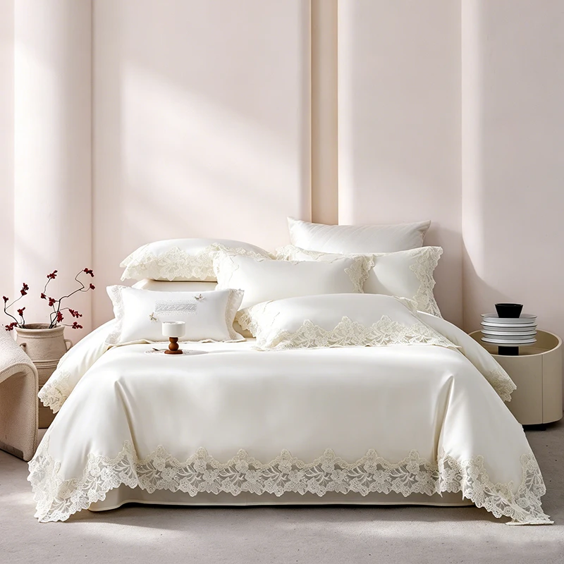 French Vintage Lace Trim Egyptian Cotton Cream Bedding Set Duvet Cover Bed Sheet Pillow Cover Luxury Wedding Home Textile 4Pcs