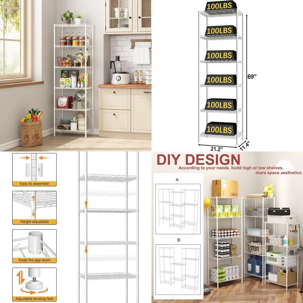 

Adjustable Wire Shelving Unit for Kitchen, Pantry, Closet, Bathroom, Laundry - White, 21W x 11D x 69H