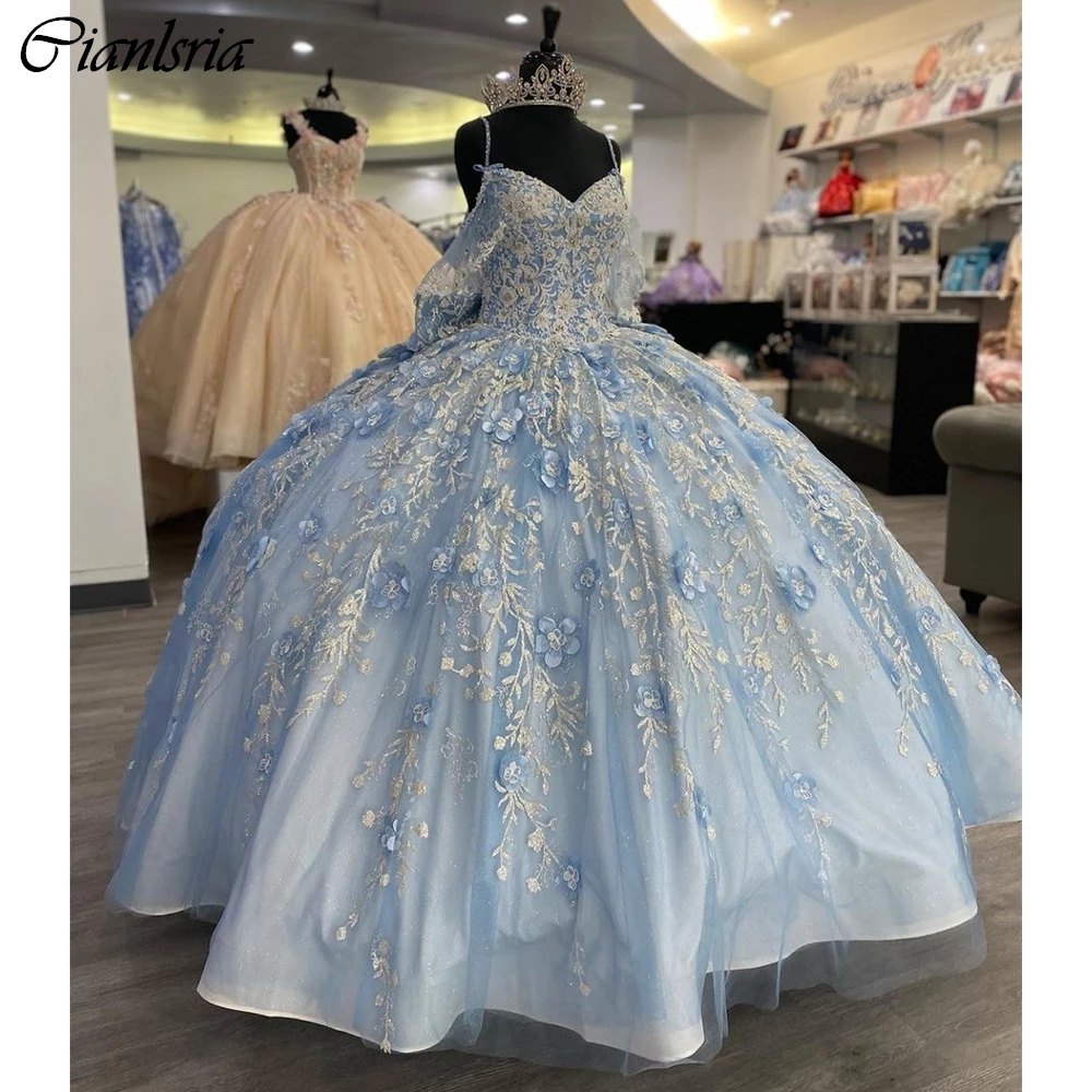 Vestido De quinceañera De manga larga, traje azul claro con cristales, tirantes finos, apliques De flores en 3D, corsé, 15 Años