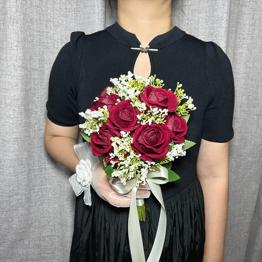 Artificial Roses Flowers Bouquet Bridal Bouquet Burgundy & White For Rustic Church Boho Wedding Centerpieces les fleurs de marie image 5