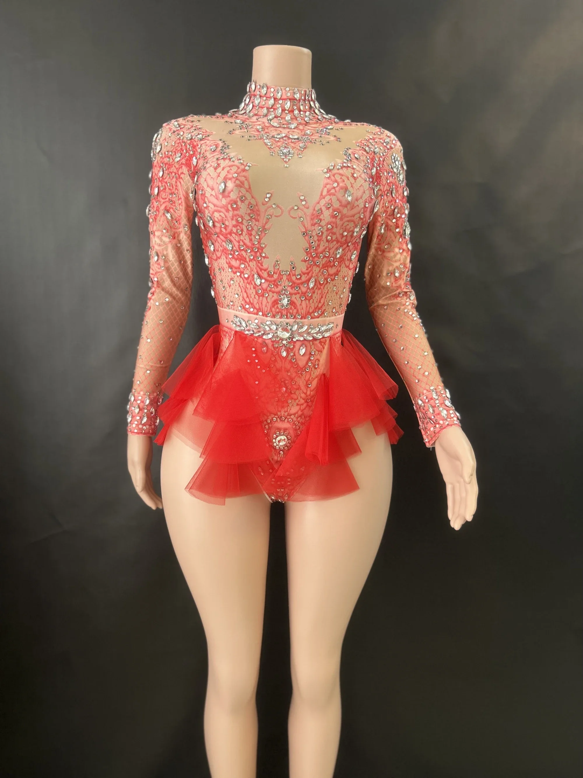 

Sparkly Rhinestones Bodysuit Women ElasticPink Mesh Ruffles Crystal Leotard NightclubDancer Costume Stage Wear Party Outfit