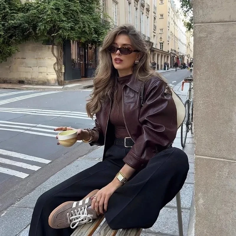 Spring Autumn Women'S Leather Jacket 2026 New Women Short Burgundy Retro Pu Jacket Coat Women Casual Lapel Jacket Leather Coat