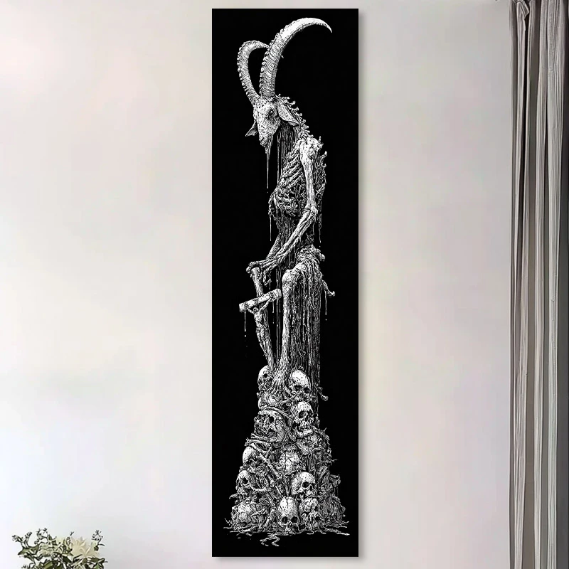 VIKAMA Dark Goat Skeleton Long Tapestry, Gothic-Style Rotting Skeleton Wall Hanging, Hallway Decorative Backdrop