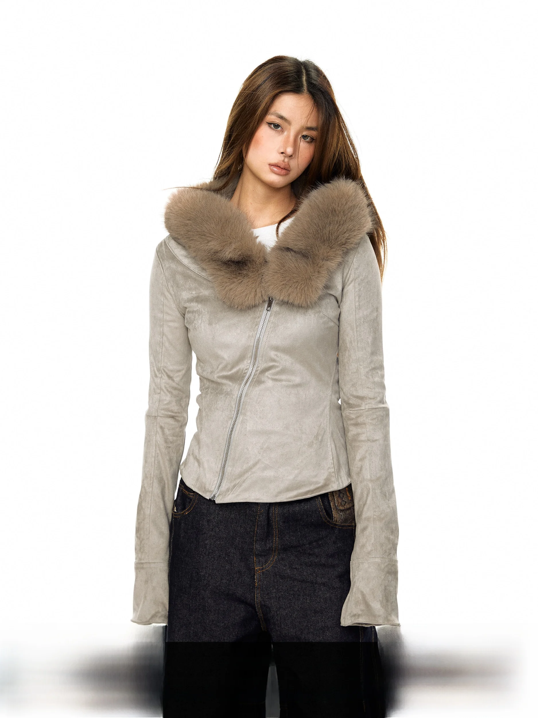 

Женская замшевая куртка Blabb из вельвета, укороченная, приталенная, в американском стиле, для ранней весны, с асимметричной молнией и меховым воротником