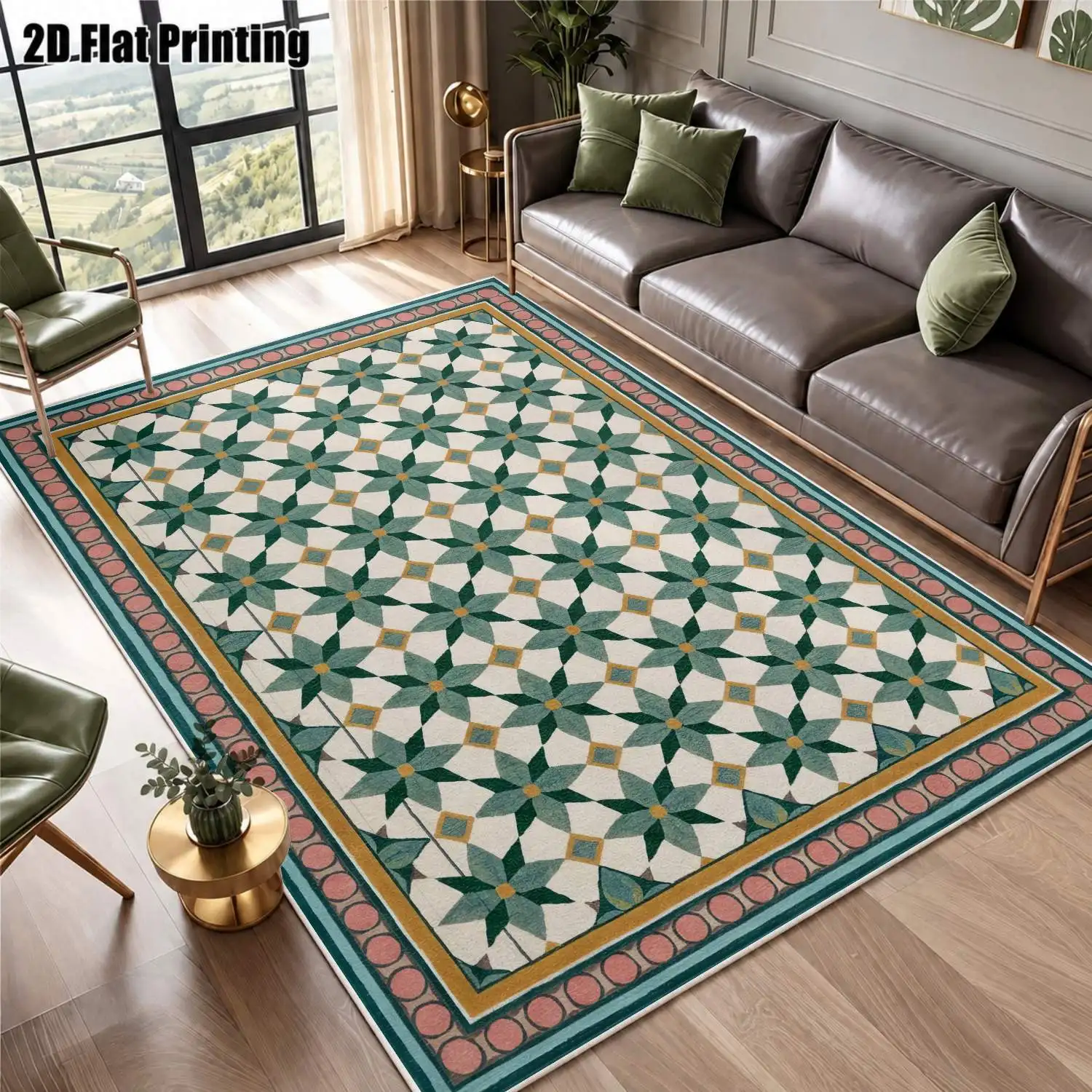 1Pc 2D Printed Velvet Carpet, Blue-Green Geometric Star Pattern, Nordic Modern Minimalist Style, Machine Washable, Multi-Size, Ideal for Home Decor Rooms