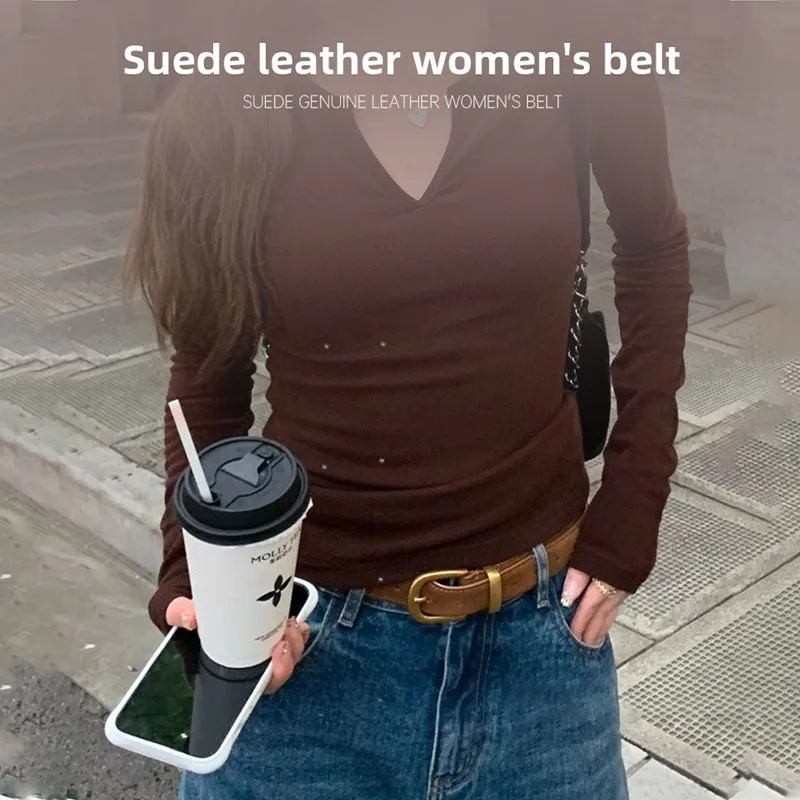 New Double Genuine Leather Belt for Women Cowhide Suede Belts with Trendy Square Alloy Buckle Ideal for Dresses and Jeans