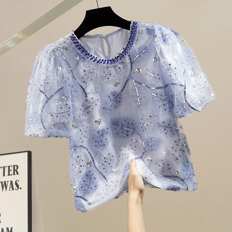 Novo redondo Ne pesado embelezado lantejoulas com zíper Slim Fit Bubble Sve Small irt Design Trendy Top Commute Sle Summer Fas...