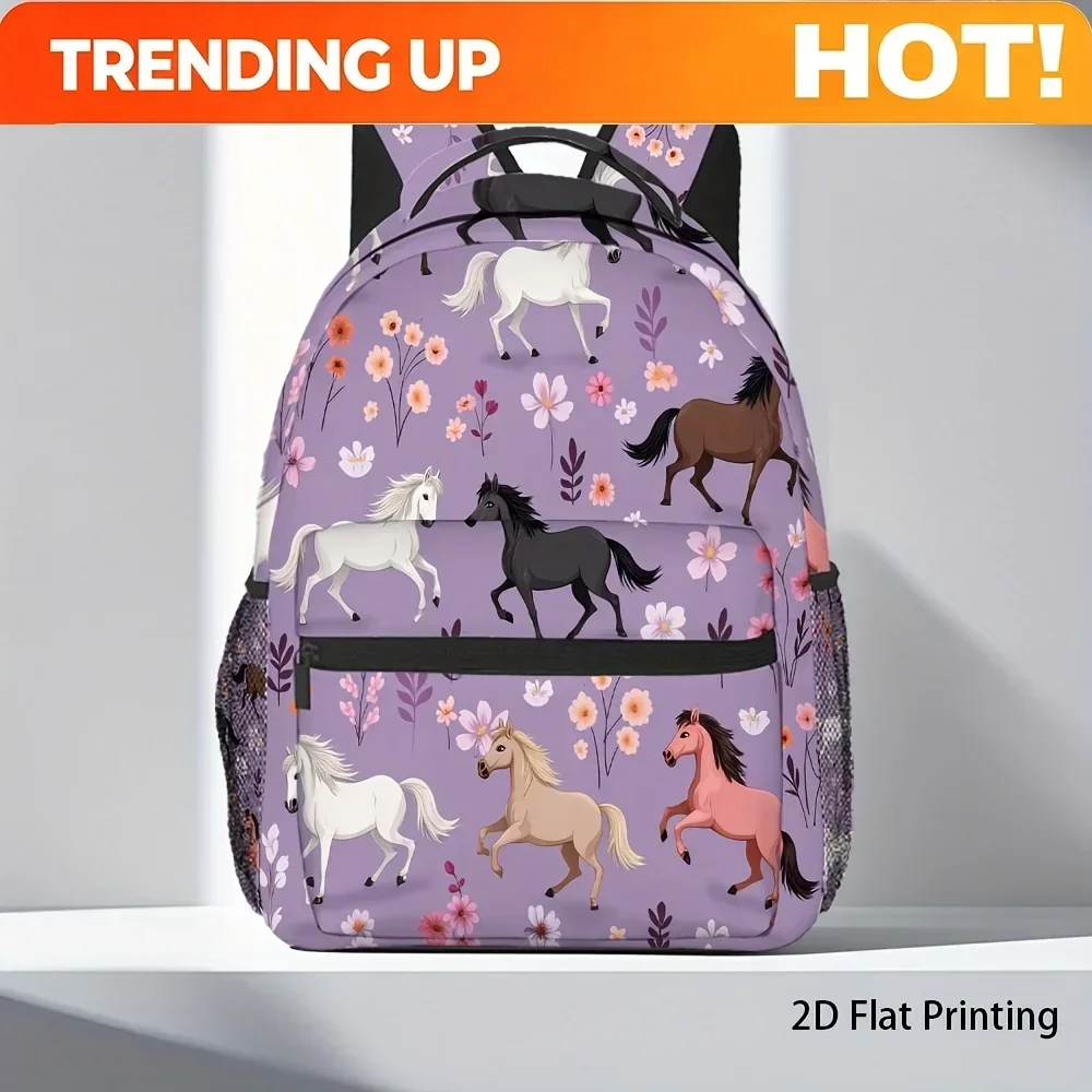 Custom Bag 1pc Vibrant Horse & Floral Print Backpack - Lightweight, Compact, And Functional For School Or Work, With Adjustable
