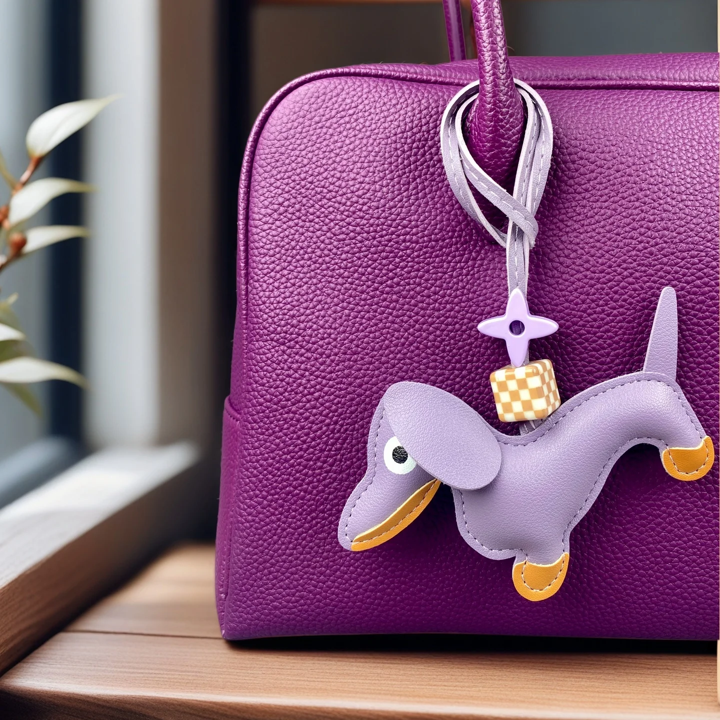 Llavero de cuero de perro salchicha con trébol de cuatro hojas y abalorio de cuentas a cuadros, costuras detalladas, regalo lindo único, cuero PU