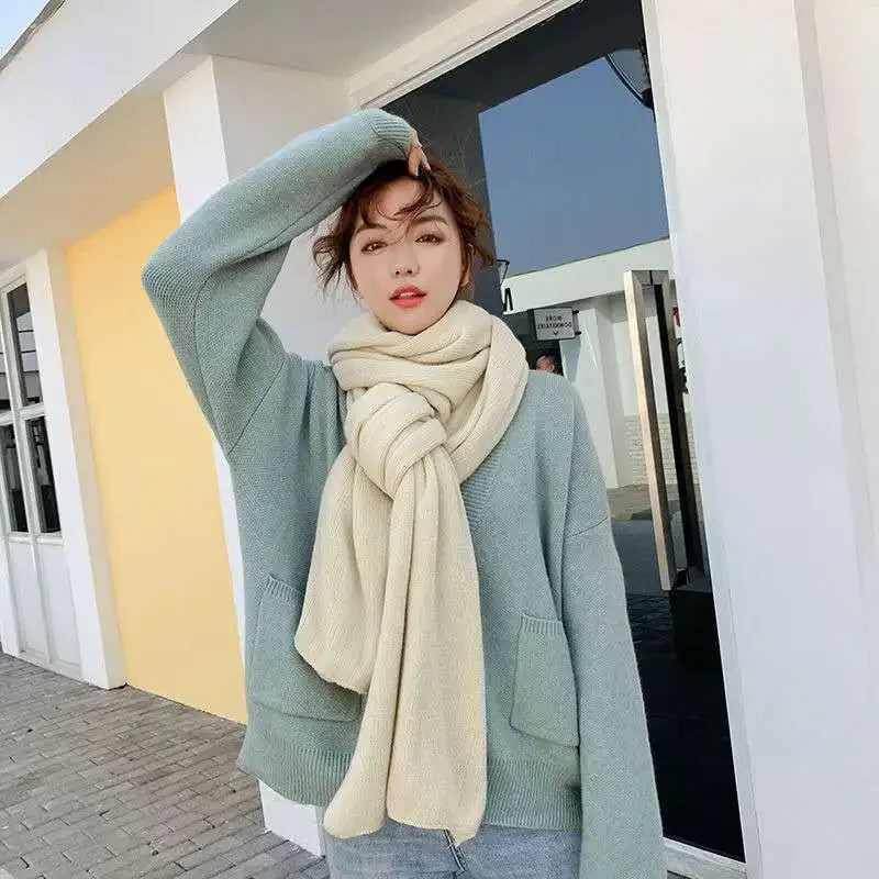 2024 Korean Version Solid Color Knitted Sweater Scarf Women Autumn Winter Thickened and Warm Sweet Scarf Couples Fashion YC39