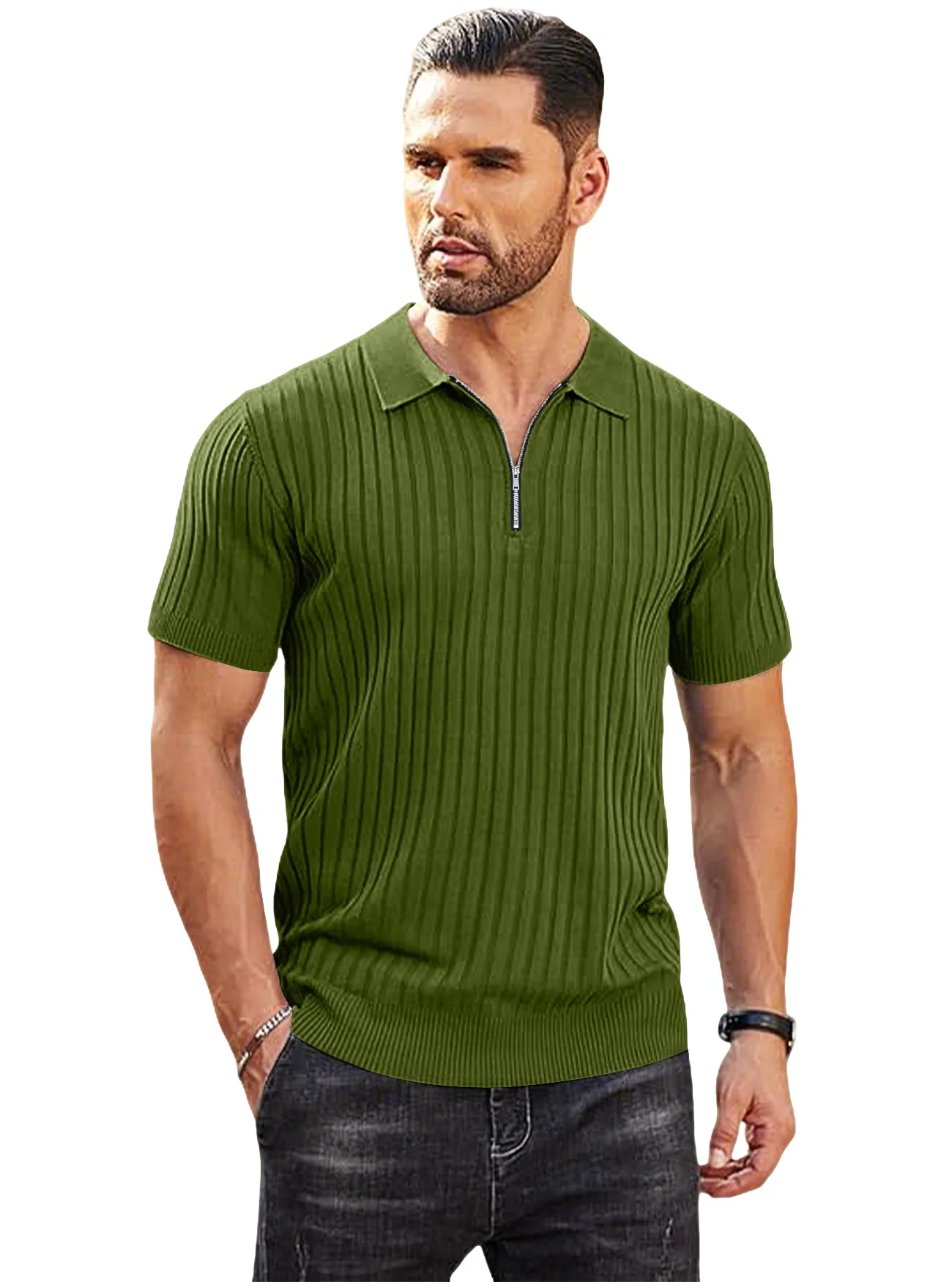 New summer men's soft and breathable rib-knit half-zip front-neck short-sleeved slim-fit casual business casual daily wear