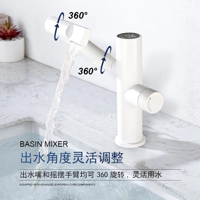 

Deck Mounted Bathroom Intelligent Digital Display Faucet Single Handle Hot and Cold Mixer Tap 1 Hole Vanity Sink Faucet White