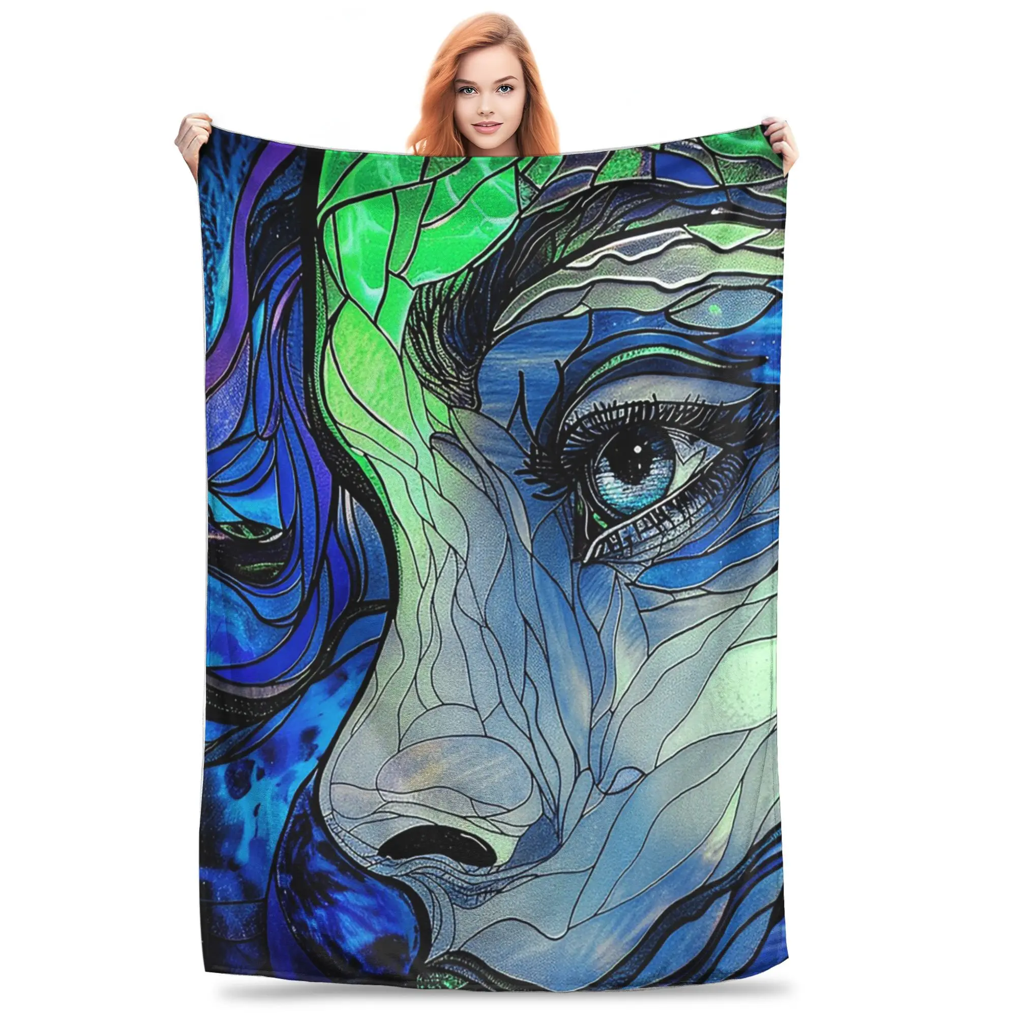 Blue-Eyed Woman In The Stained Glass Abstract Art Blankets Lightweight Fleece Sofa Couch Bedding Travel Throws Bedspread Quilt