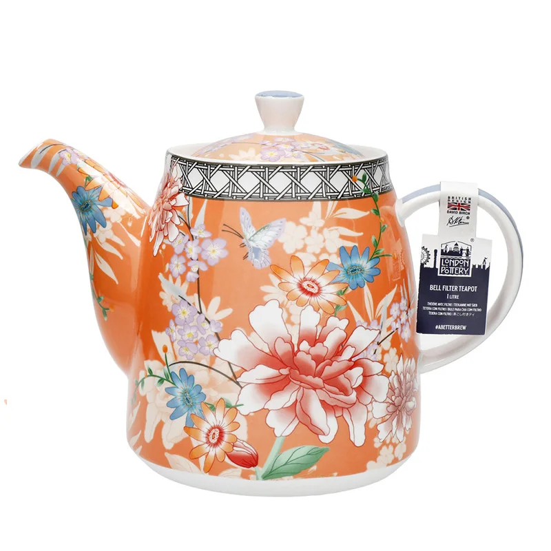 

London Pottery 1L Ceramic Teapot Bell Shaped with Orange Flower Design And Stainless Steel Tea Infuser Porcelain Tea Pot