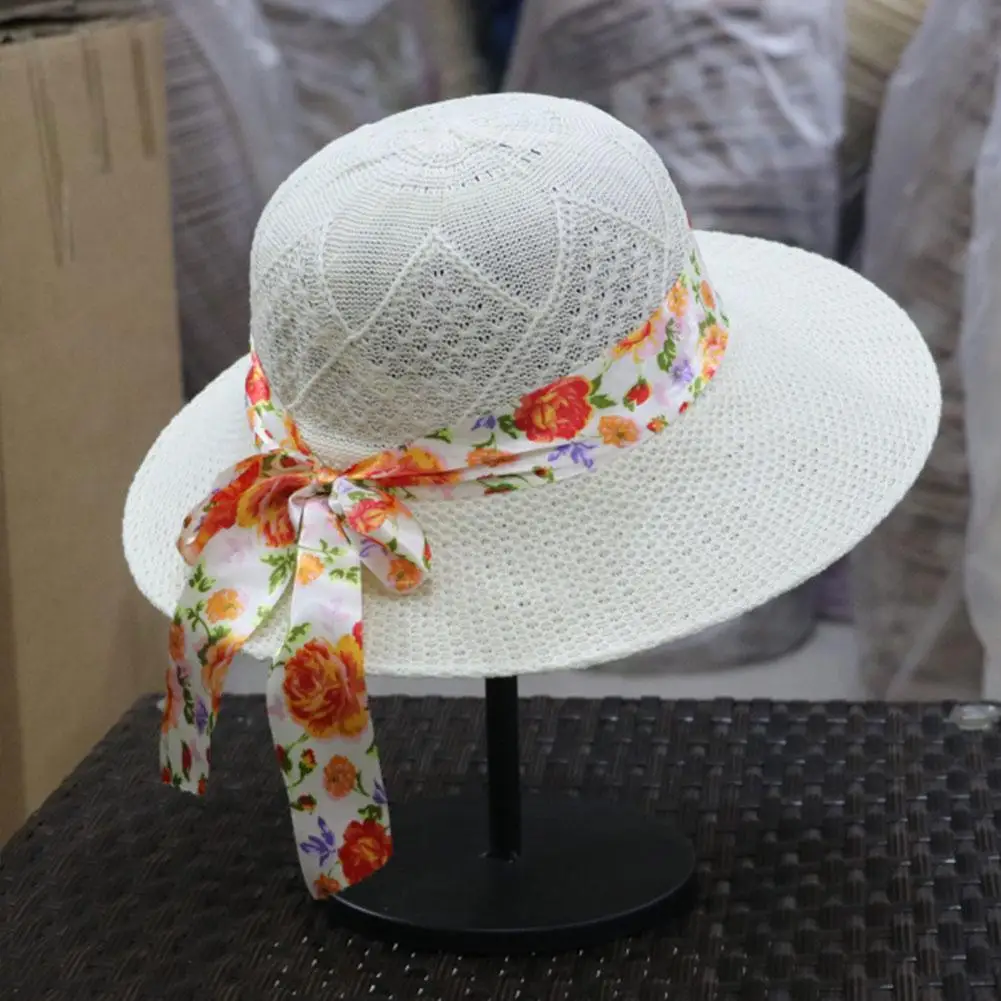 Womens Lafite Straw Sun Hats Wide Brim Beach Straw Hat Beach Cap Visor Floppy Hats with Bowknot Travel Summer UV Hat UPF50
