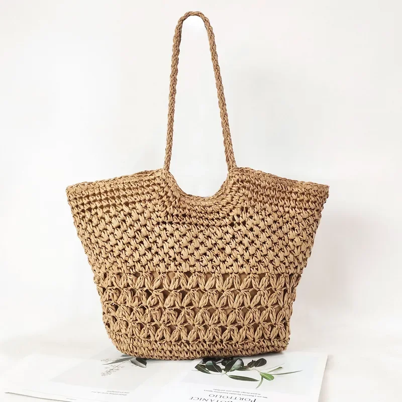 Hollow Woven Paper Rope Straw Tote Bag Handmade Seaside Style Large Capacity Shoulder Bag for Women Beach Holiday Travel view 4