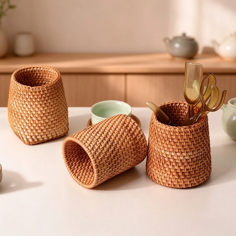 Hand Woven Tea Ceremony Accessories Moisture Proof Solid Wood Round Pen Holder Desktop Storage Organizer for Office